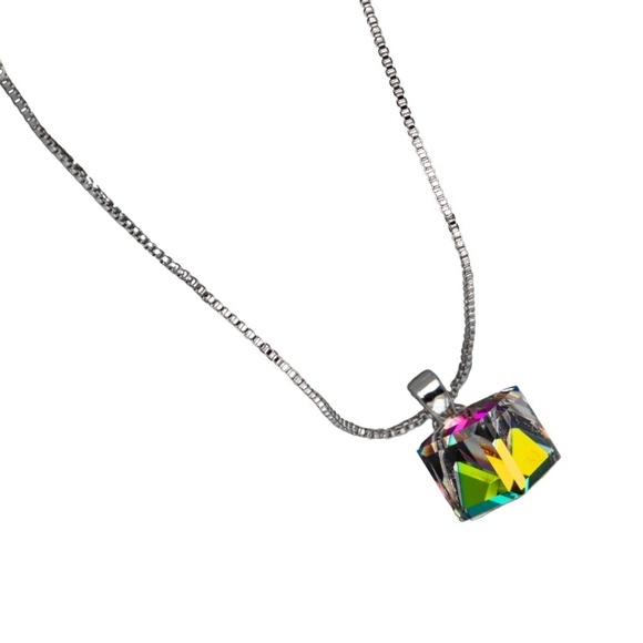 Rhodium Cube Necklace in Vitrail Medium Swarovski Crystal - Picture 1 of 2